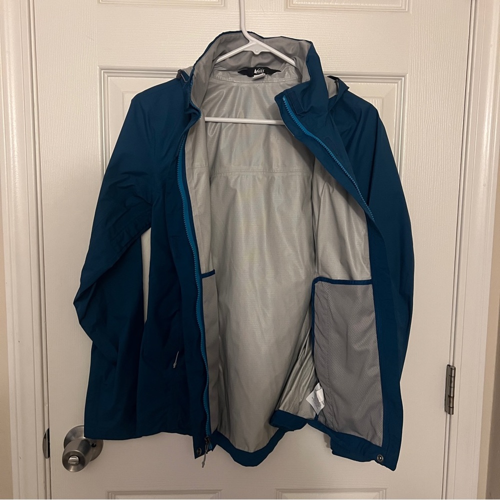 REI Women's Teal Hooded Waterproof Jacket with Interior Mesh Pockets